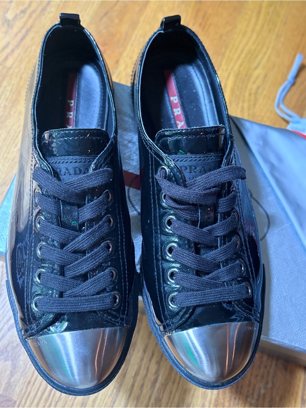 Prada Black Patent Leather Metal Cap Toe Sneakers Women EU 39 Italy